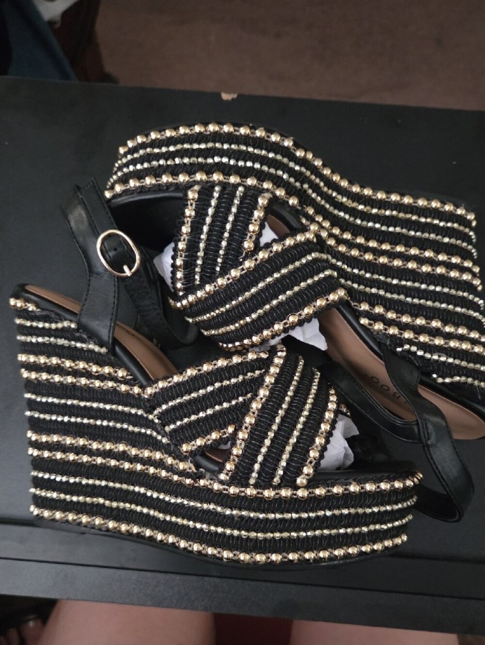 BAMBOO Black and Gold Beaded Crisscross Platform Sandals - Strappy Ankle Buckle - Picture 2 of 5